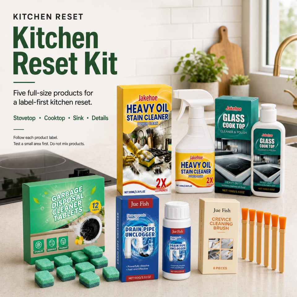 Kitchen Reset Kit with five full-size products for stovetop cooktop sink drain and detail routines