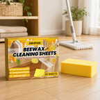 Floor Cleaning Sheets retail box and yellow sheets in a warm apartment floor reset scene
