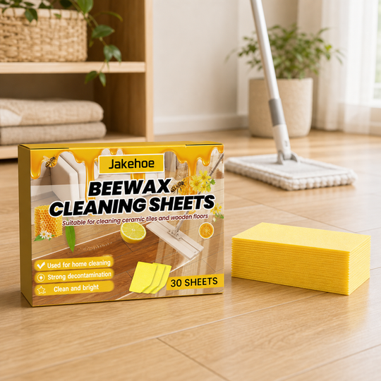 Floor Cleaning Sheets retail box and yellow sheets in a warm apartment floor reset scene