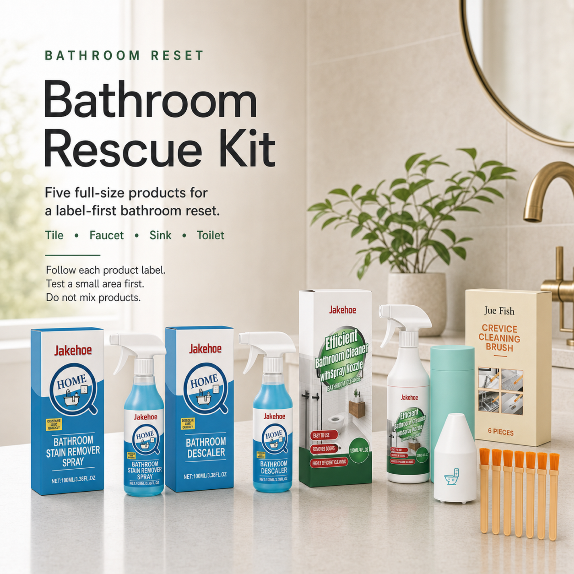 Bathroom Rescue Kit with five full size bathroom cleaning products on a bright apartment vanity