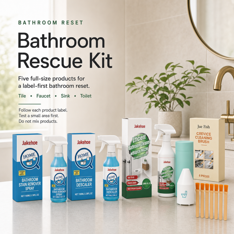 Bathroom Rescue Kit with five full size bathroom cleaning products on a bright apartment vanity