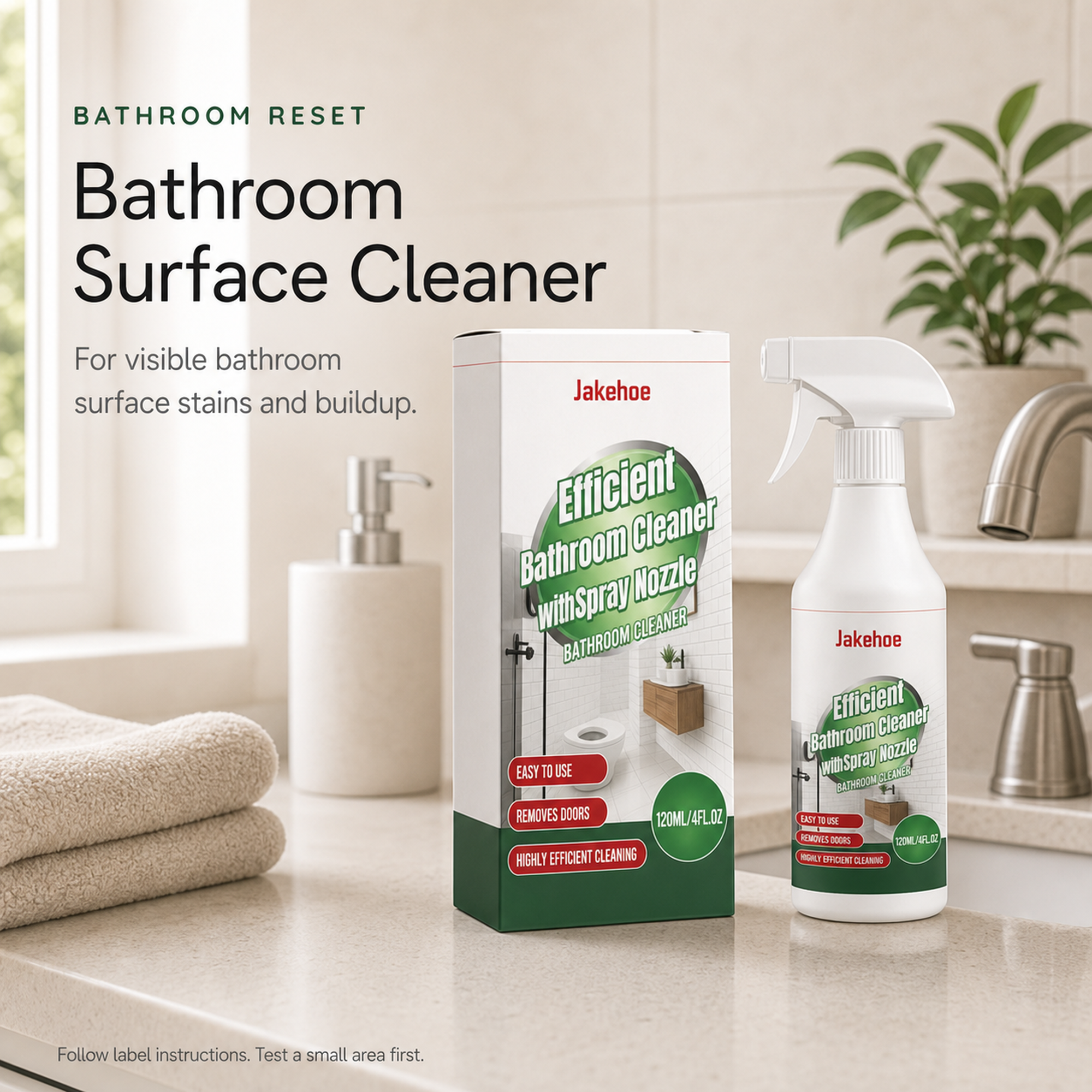 Bathroom Surface Cleaner retail box and spray bottle on a clean bathroom counter
