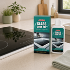 Glass Stovetop Cleaner and Polish retail box and bottle beside a clean glass cooktop
