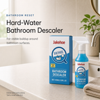 Hard Water Bathroom Descaler retail box and spray bottle on a clean bathroom counter