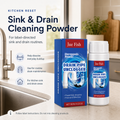 Sink and Drain Cleaning Powder retail box and bottle near a clean kitchen sink