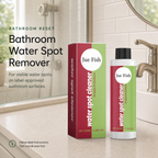 Bathroom Water Spot Remover retail box and bottle near clean bathroom glass and faucet areas