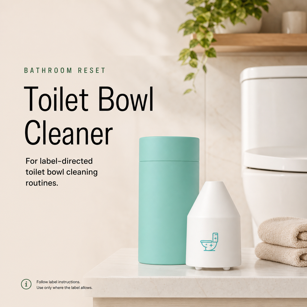 Toilet Bowl Cleaner container and bottle styled in a clean bathroom routine
