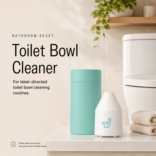 Toilet Bowl Cleaner container and bottle styled in a clean bathroom routine