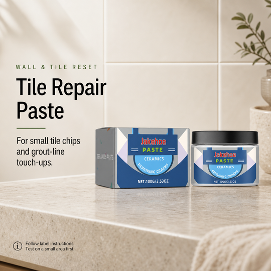 Tile Repair Paste retail jar and box styled in a warm bathroom tile touch-up scene