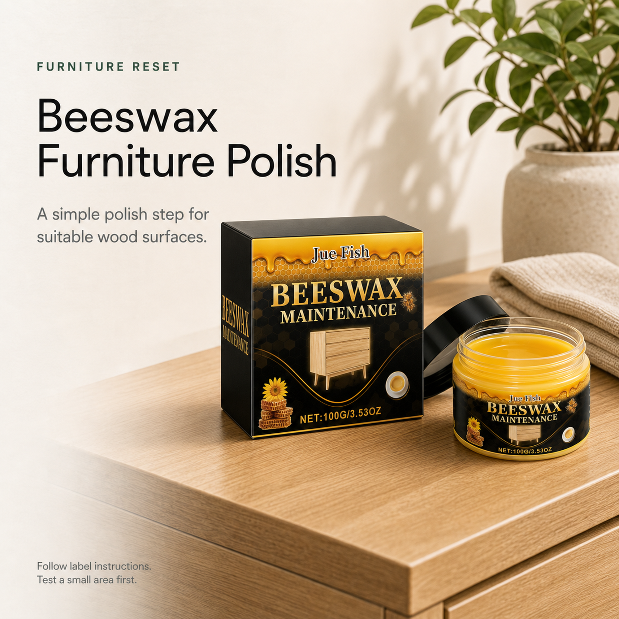 Beeswax Furniture Polish retail box and jar on a warm wood furniture surface