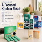 Kitchen Reset Kit for visible grease glass cooktop care sink and drain routines and detail edges