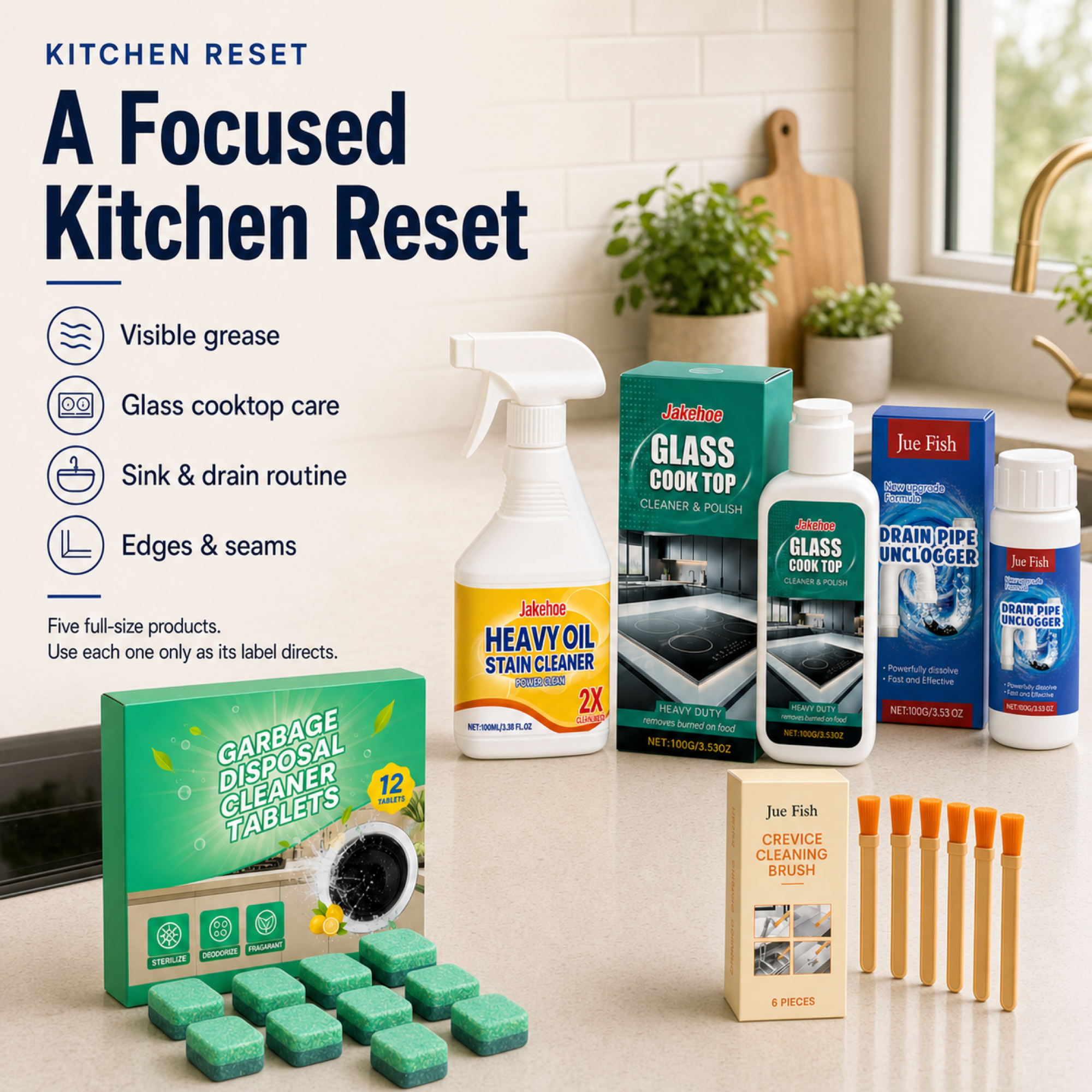 Kitchen Reset Kit for visible grease glass cooktop care sink and drain routines and detail edges