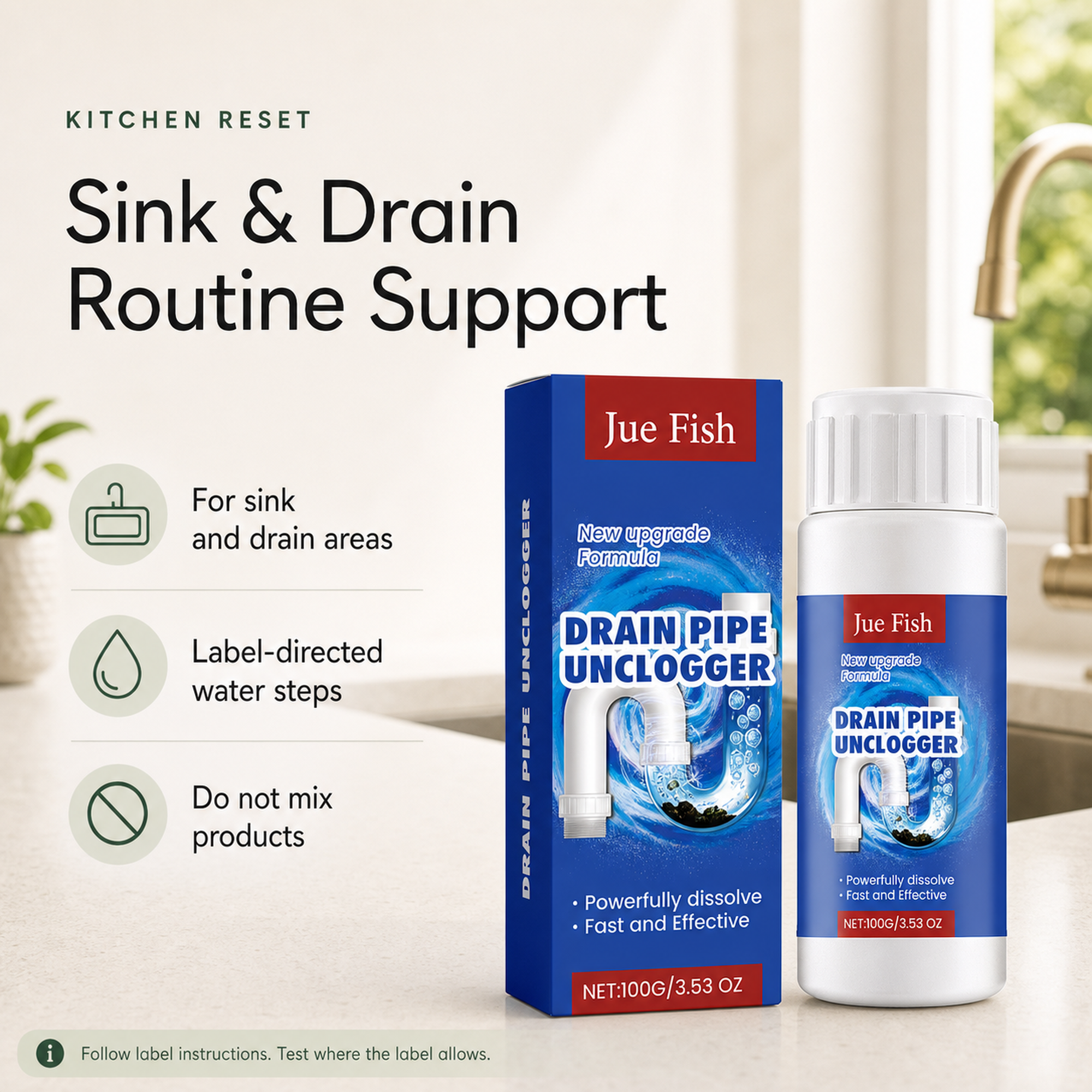 Sink and Drain Cleaning Powder overview for label directed sink and drain routines