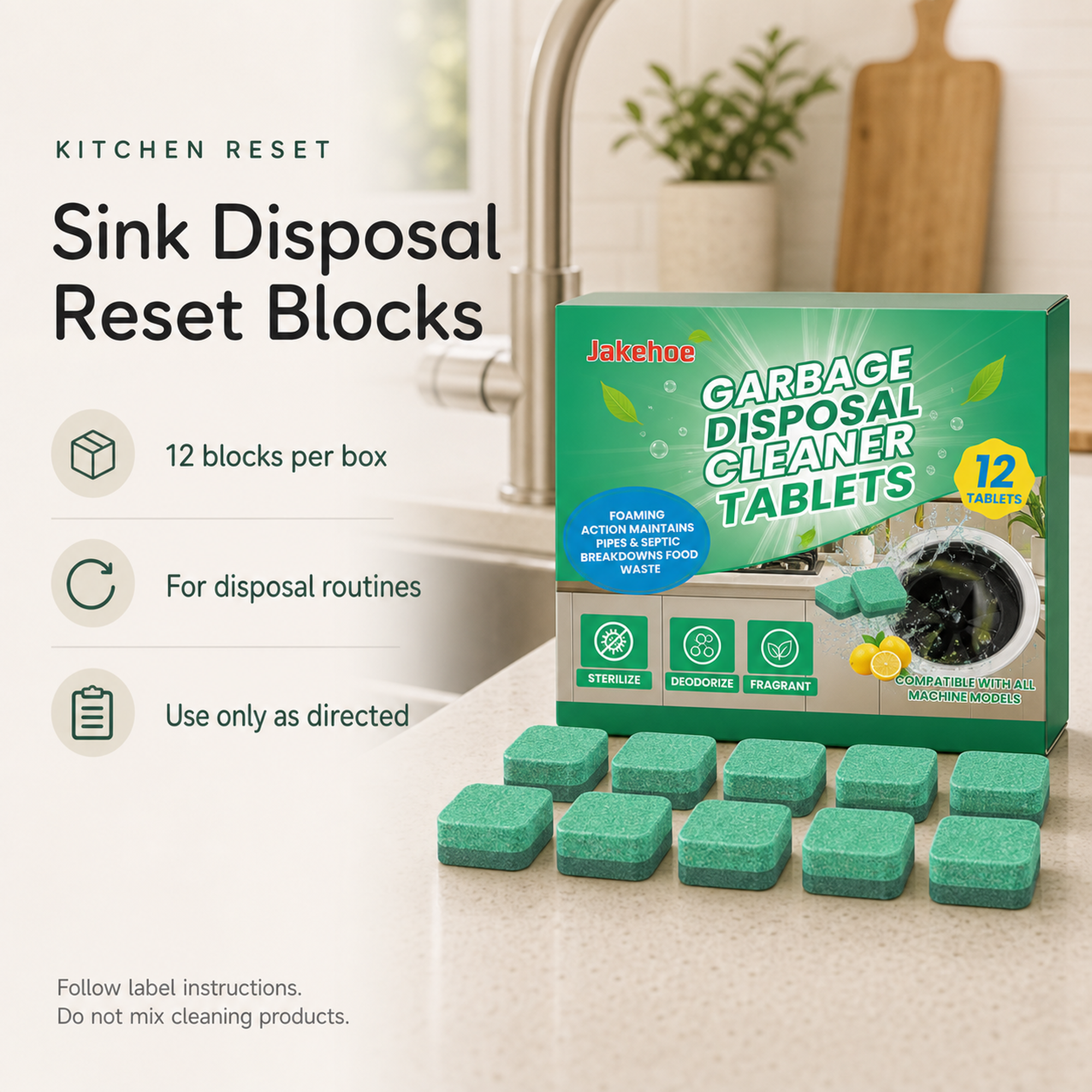 Garbage Disposal Cleaning Blocks for label directed sink disposal routines