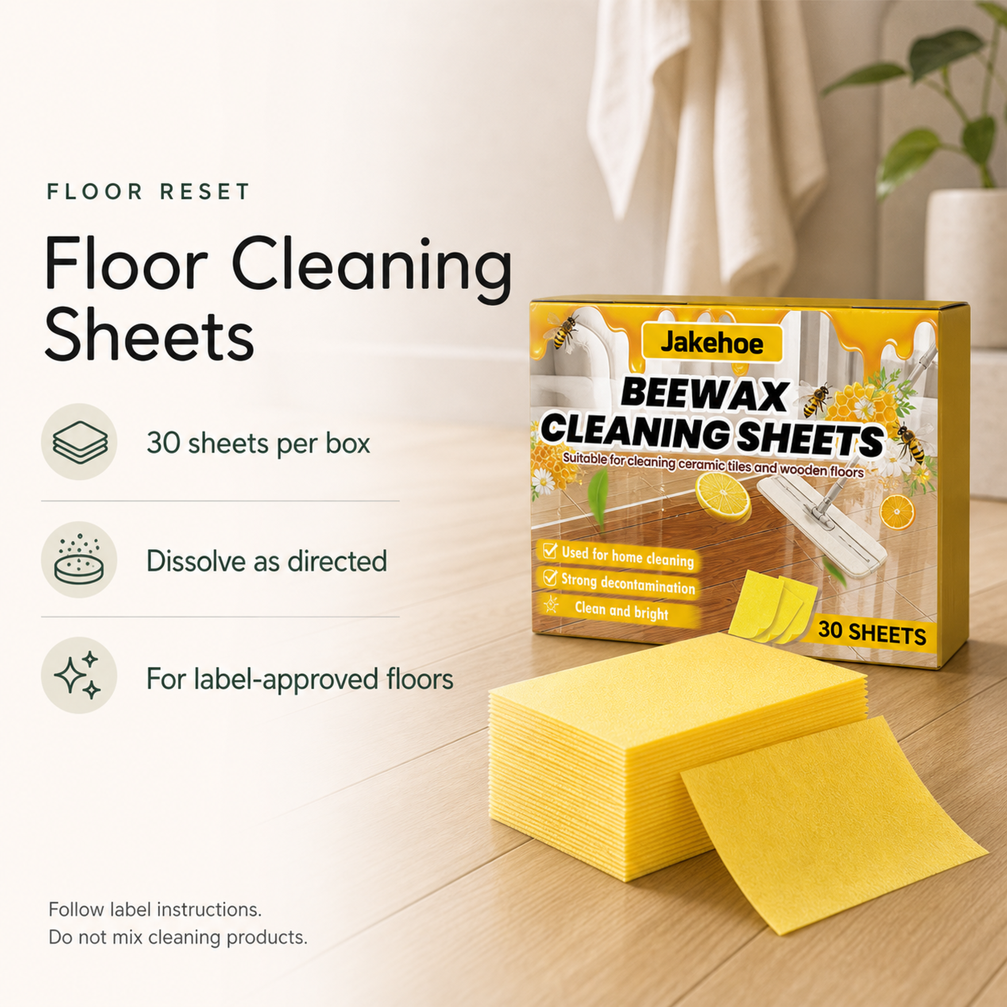 Floor Cleaning Sheets overview with 30 sheets per box and label directed use