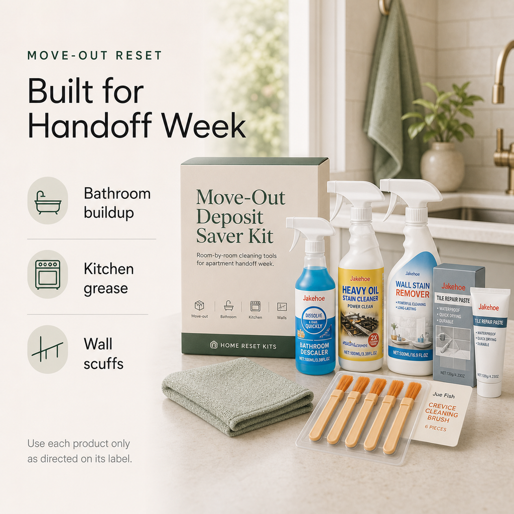 Move-Out Deposit Saver Kit overview for bathroom buildup kitchen grease and wall scuffs