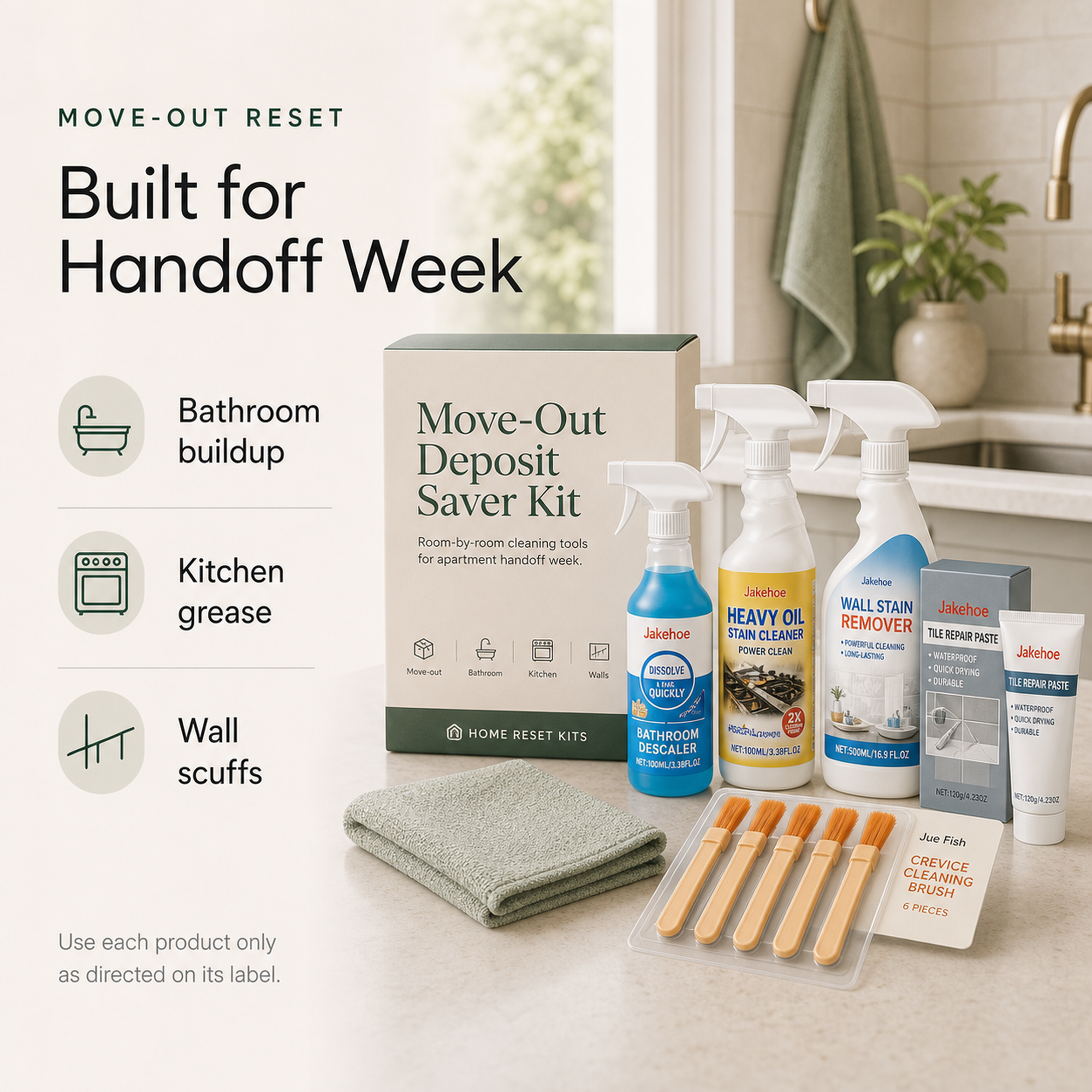 Move-Out Deposit Saver Kit overview for bathroom buildup kitchen grease and wall scuffs