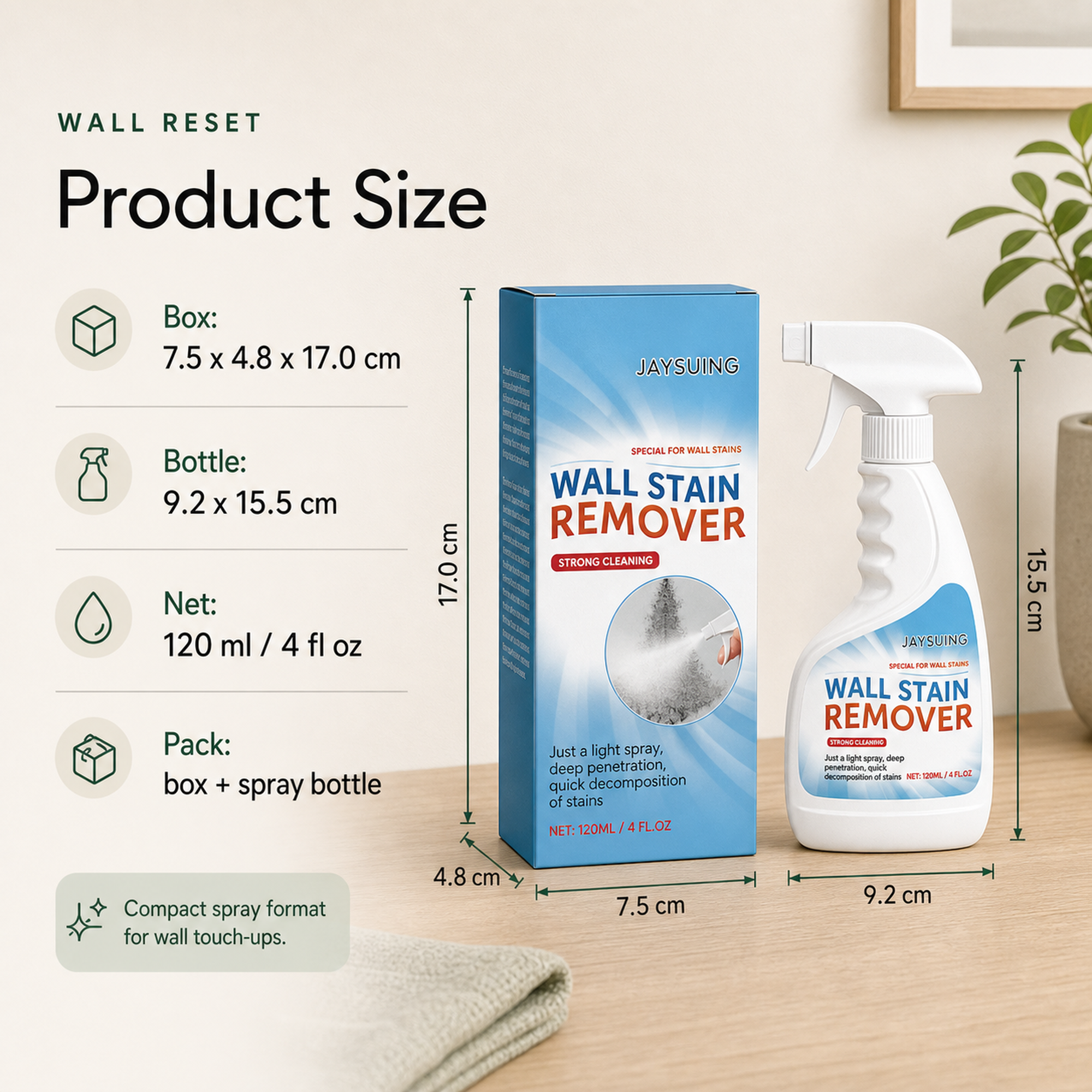 Wall Scuff Remover Spray product size box 7.5 by 4.8 by 17 cm and bottle 9.2 by 15.5 cm