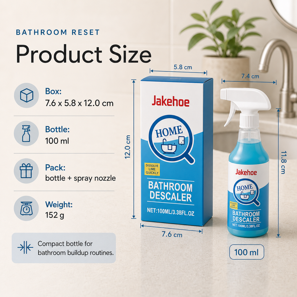 Hard Water Bathroom Descaler product size box 7.6 by 5.8 by 12.0 cm and 100 ml bottle