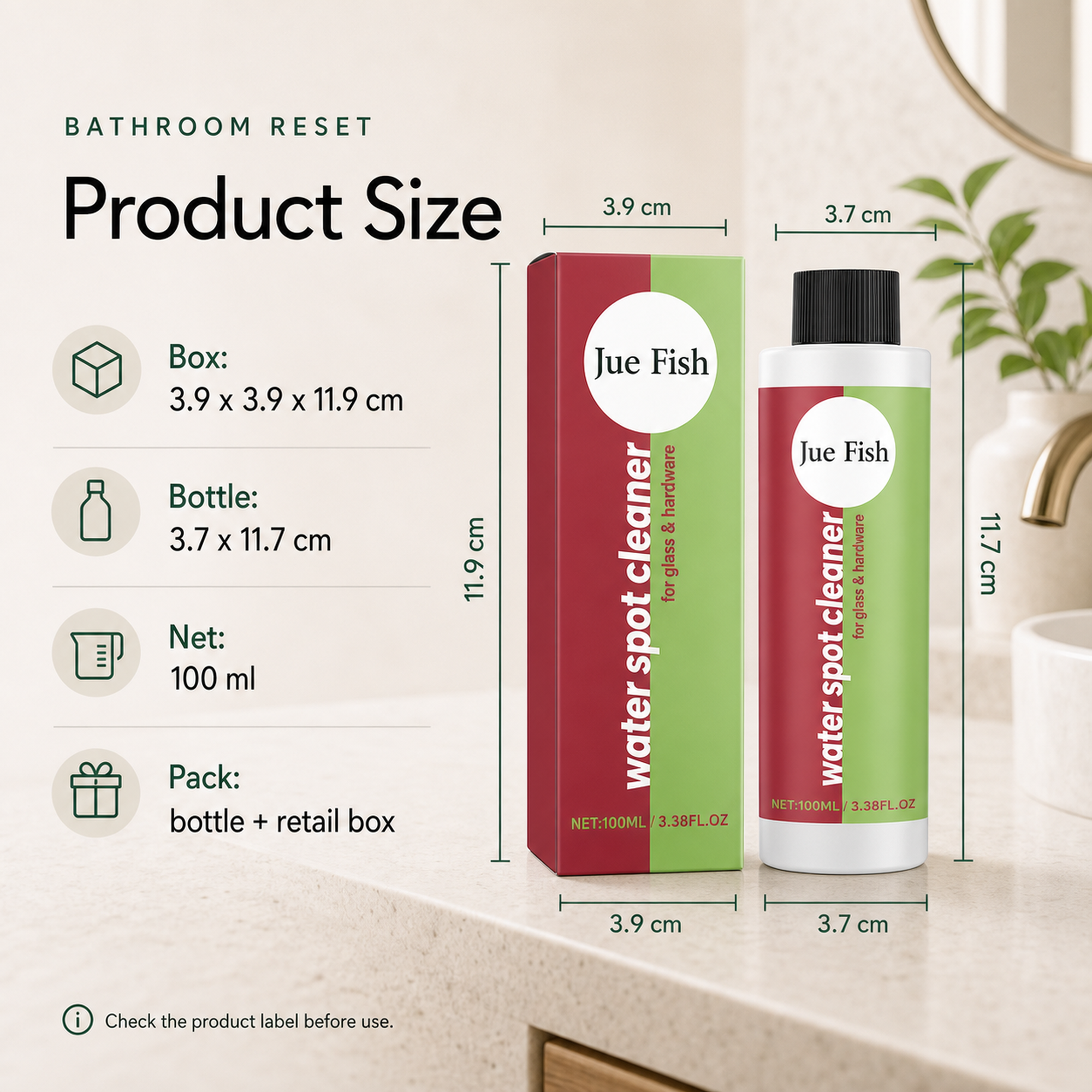 Bathroom Water Spot Remover product size box 3.9 by 3.9 by 11.9 cm and 100 ml bottle