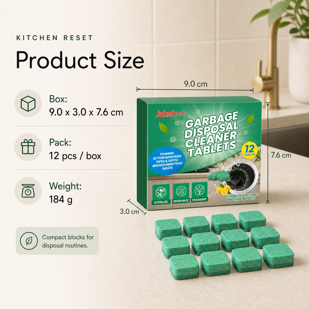 Garbage Disposal Cleaning Blocks product size 9 by 3 by 7.6 cm and 12 pcs per box