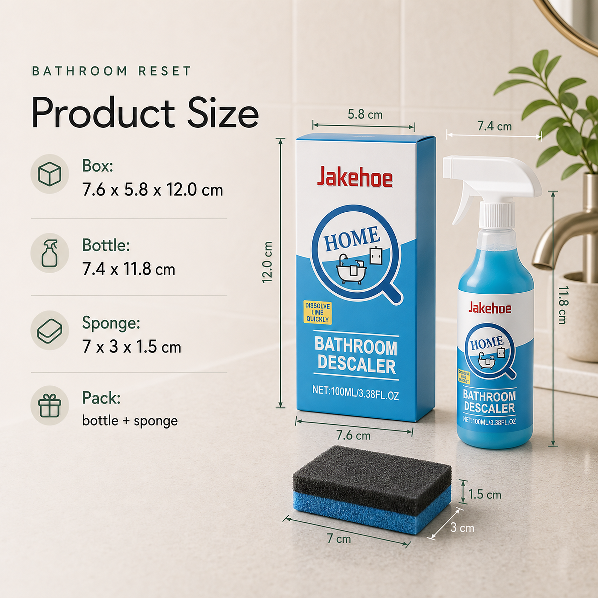 Bathroom Stain Remover Spray product size box bottle and sponge dimensions