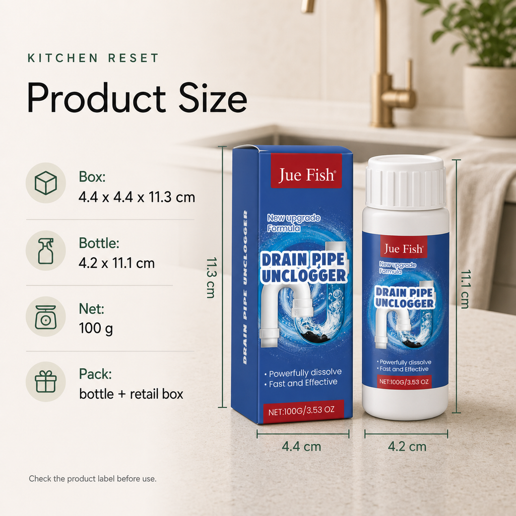 Sink and Drain Cleaning Powder product size box 4.4 by 4.4 by 11.3 cm and 100 g bottle