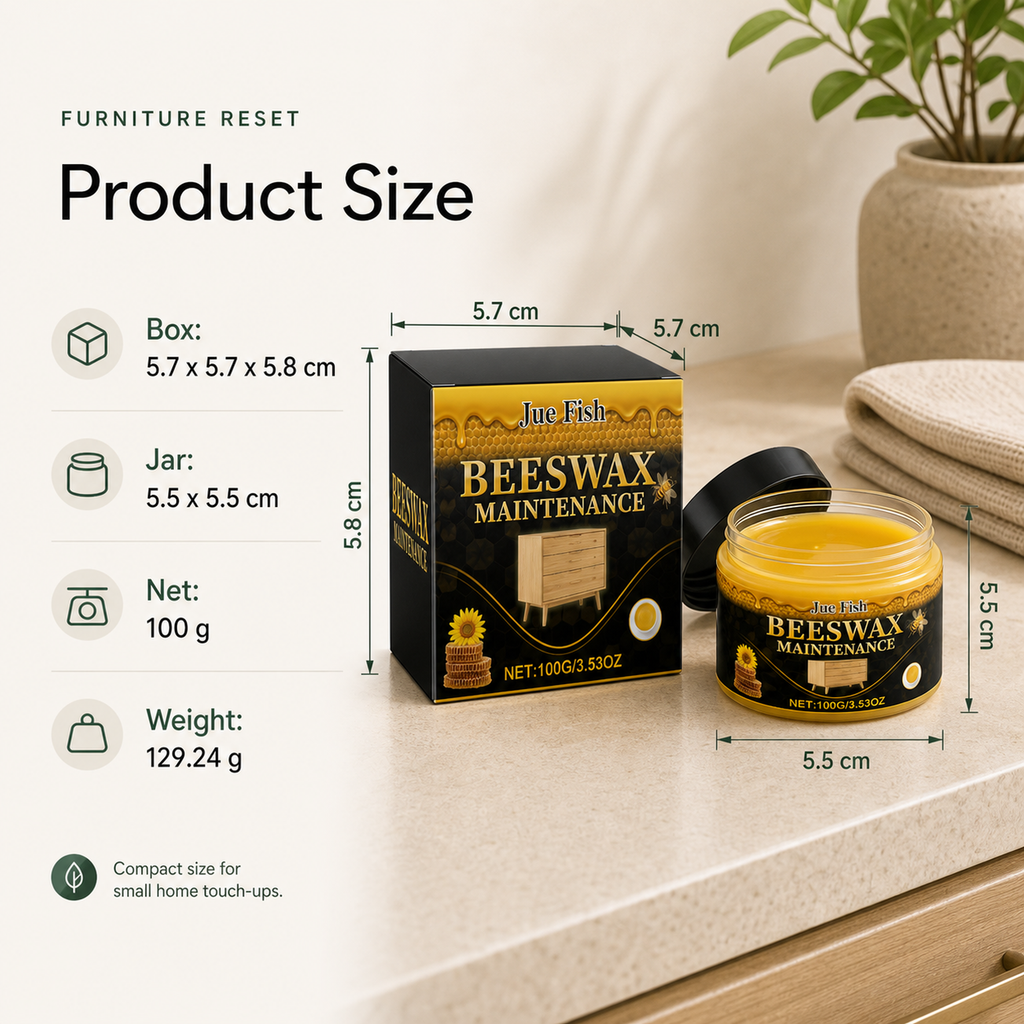 Beeswax Furniture Polish product size box 5.7 by 5.7 by 5.8 cm and jar 5.5 by 5.5 cm