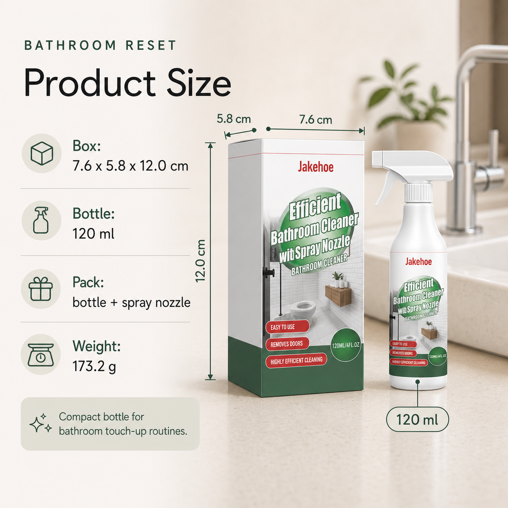 Bathroom Surface Cleaner product size box 7.6 by 5.8 by 12.0 cm and 120 ml bottle