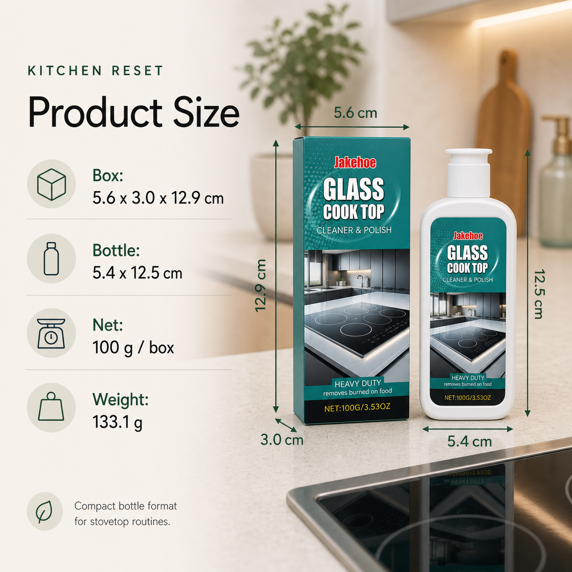 Glass Stovetop Cleaner and Polish product size box 5.6 by 3.0 by 12.9 cm and bottle 5.4 by 12.5 cm