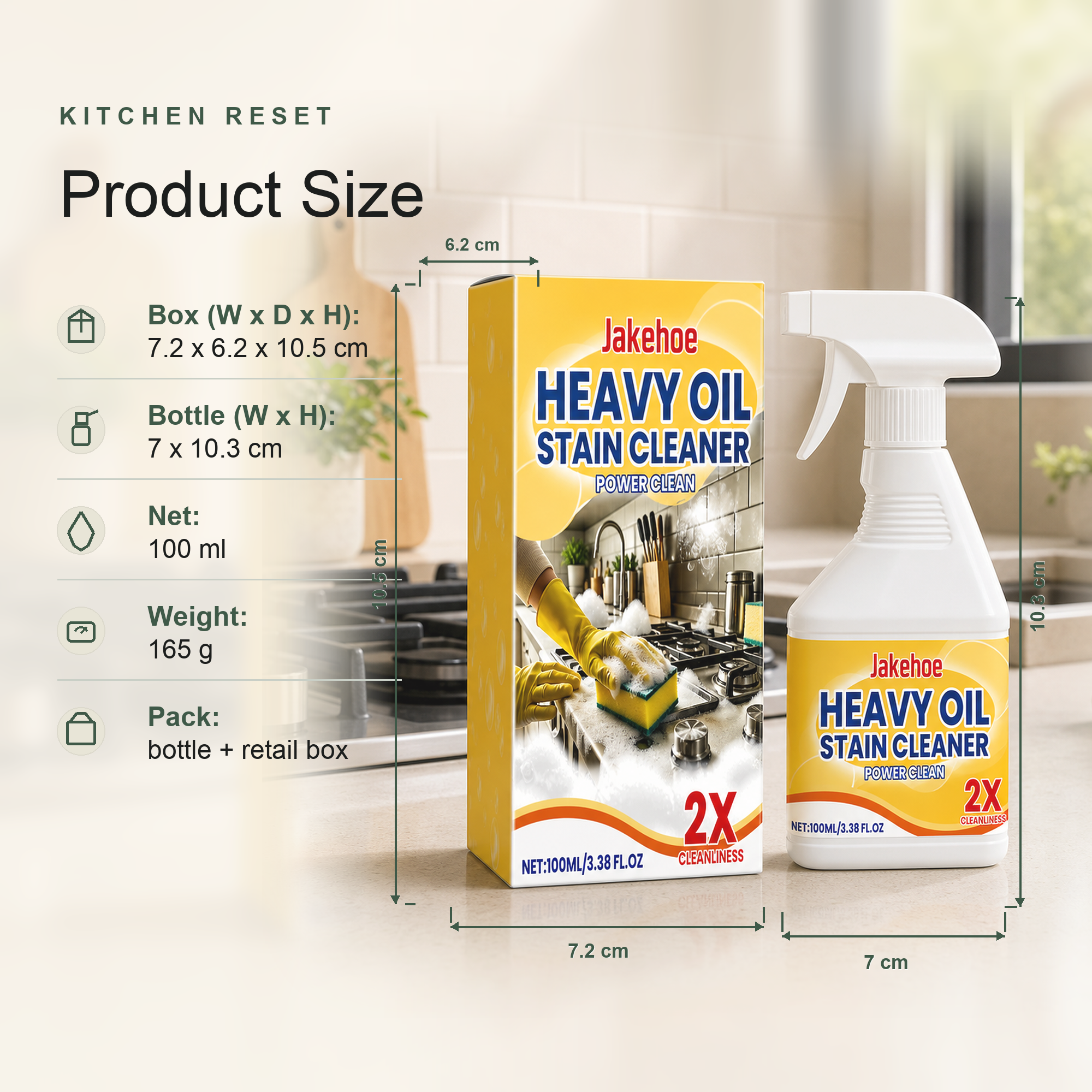 Kitchen Grease Cleaner Spray product size box bottle and 100 ml net volume