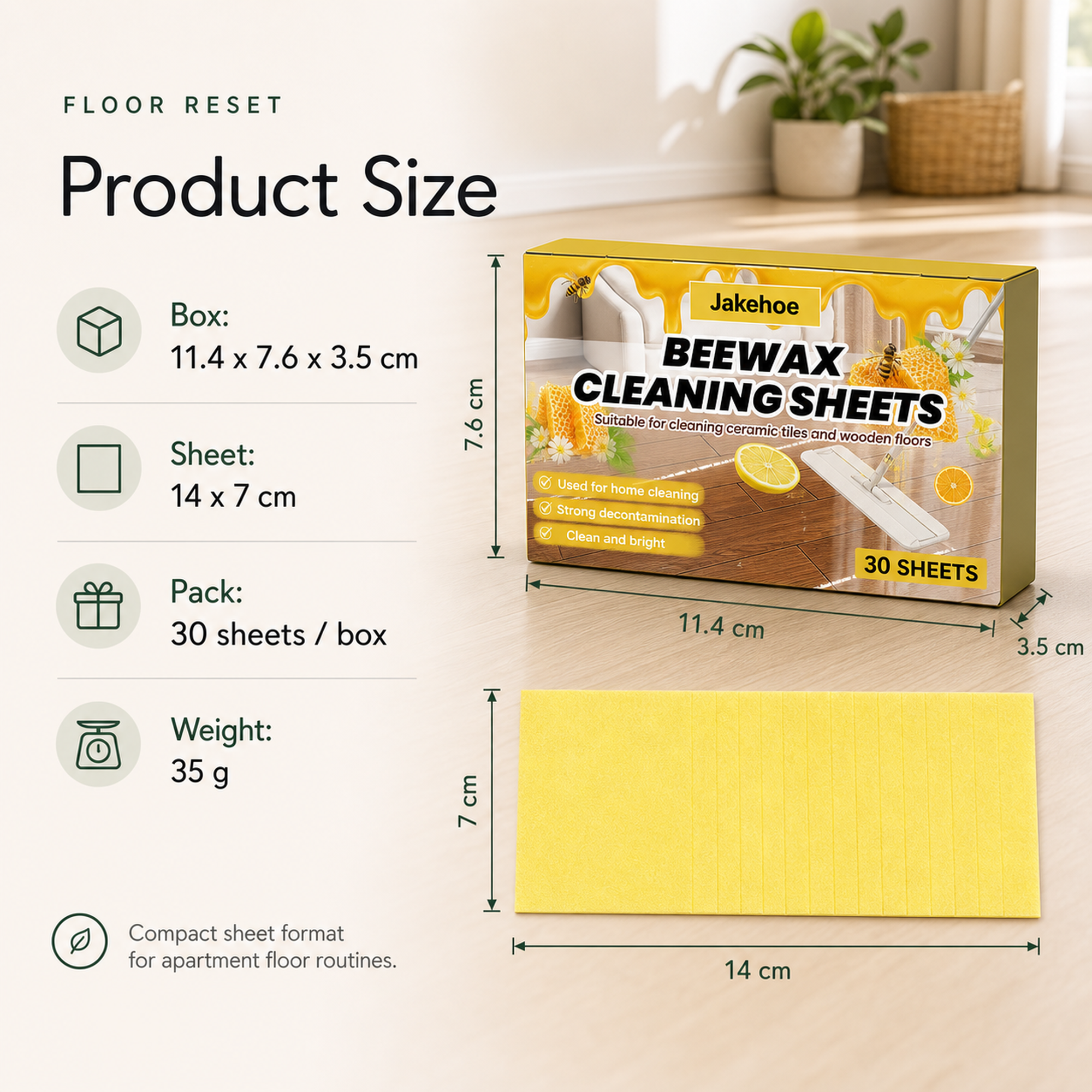 Floor Cleaning Sheets product size box 11.4 by 7.6 by 3.5 cm and sheet 14 by 7 cm