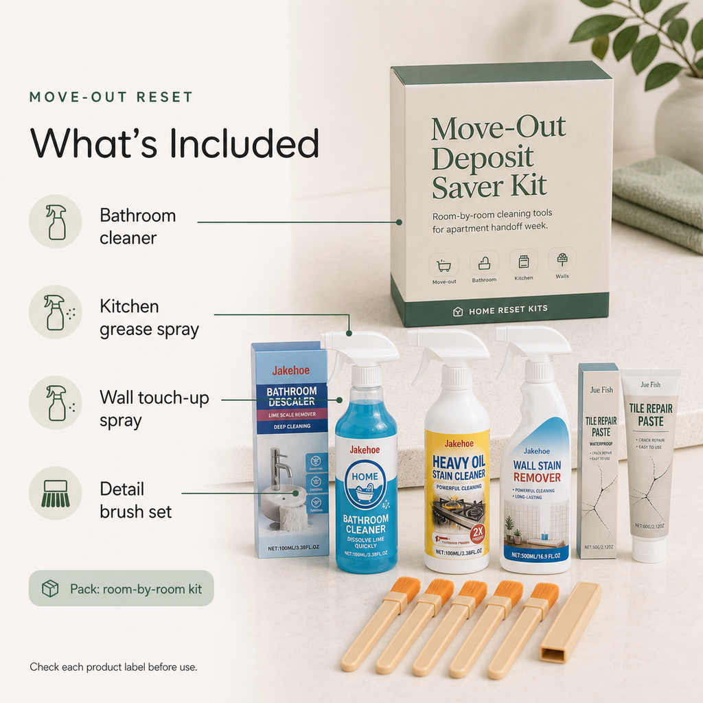 Move-Out Deposit Saver Kit included bathroom cleaner kitchen grease spray wall touch up spray and detail brush set