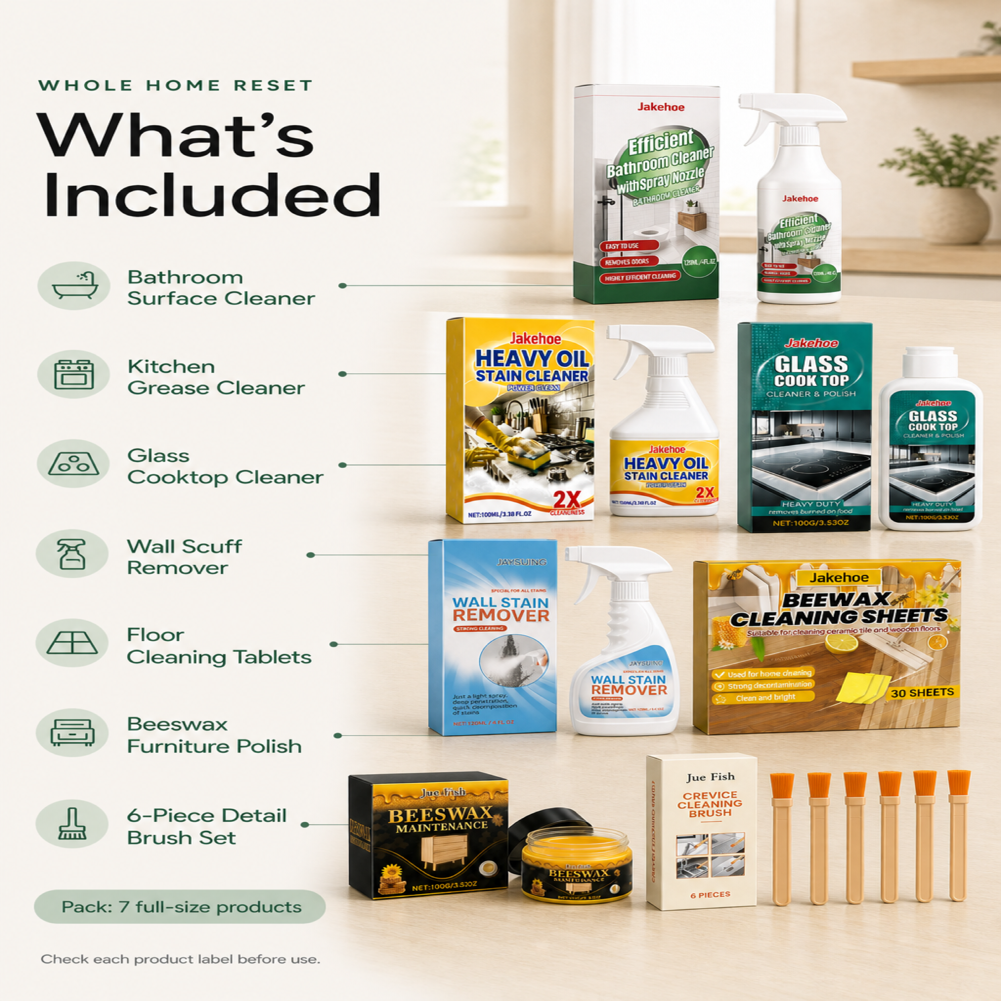 Seven products included in the Whole Apartment Reset Bundle with six piece detail brush set