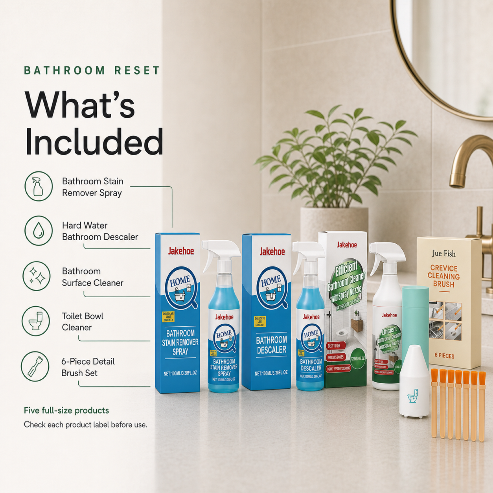 Bathroom Rescue Kit with stain remover descaler surface cleaner toilet cleaner and six piece brush set