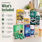 Kitchen Reset Kit with grease spray cooktop cleaner disposal blocks drain powder and six-piece brush set