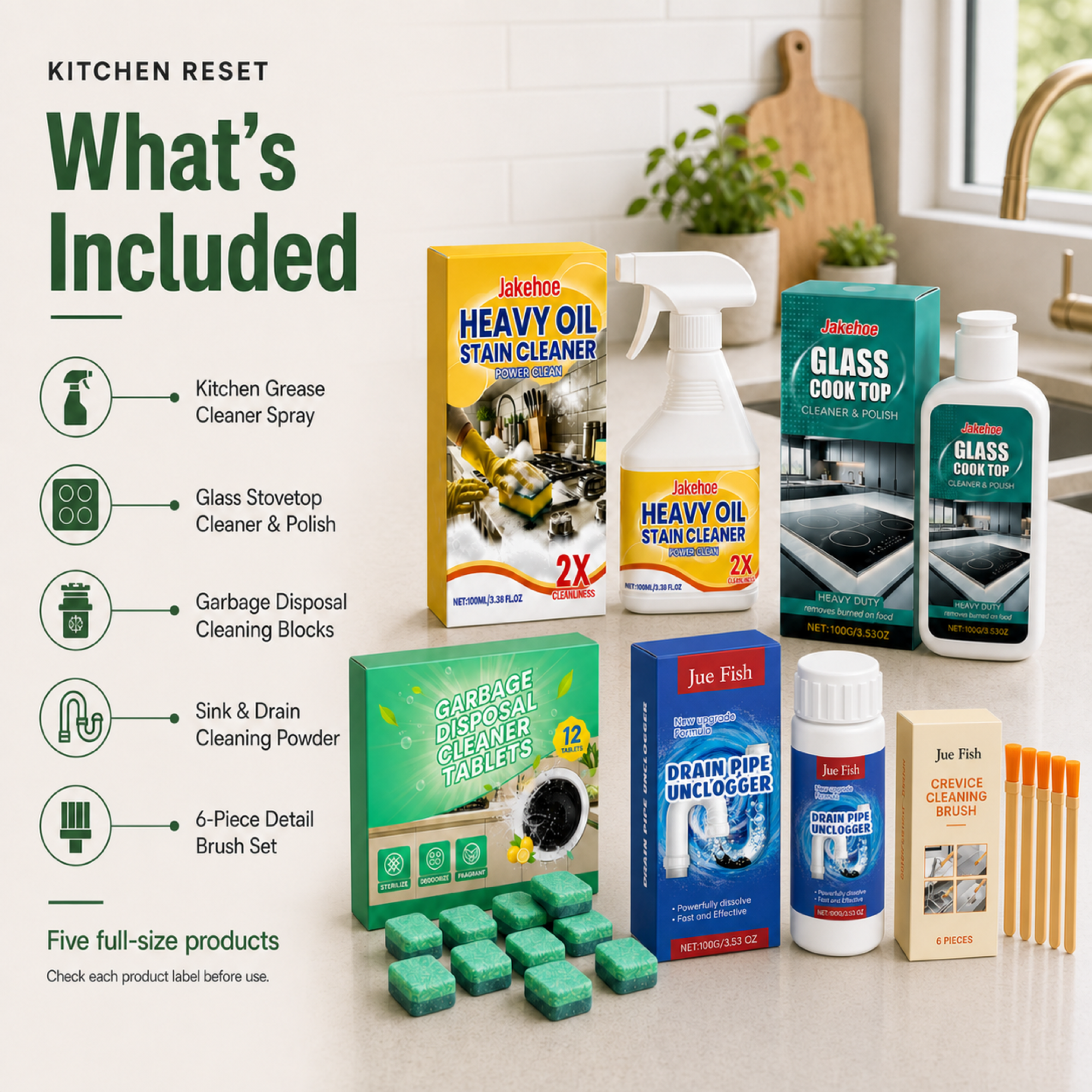 Kitchen Reset Kit with grease spray cooktop cleaner disposal blocks drain powder and six-piece brush set