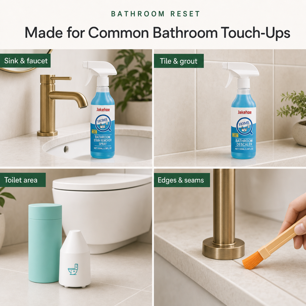 Bathroom cleaning use areas including sink faucet tile grout toilet and detail edges