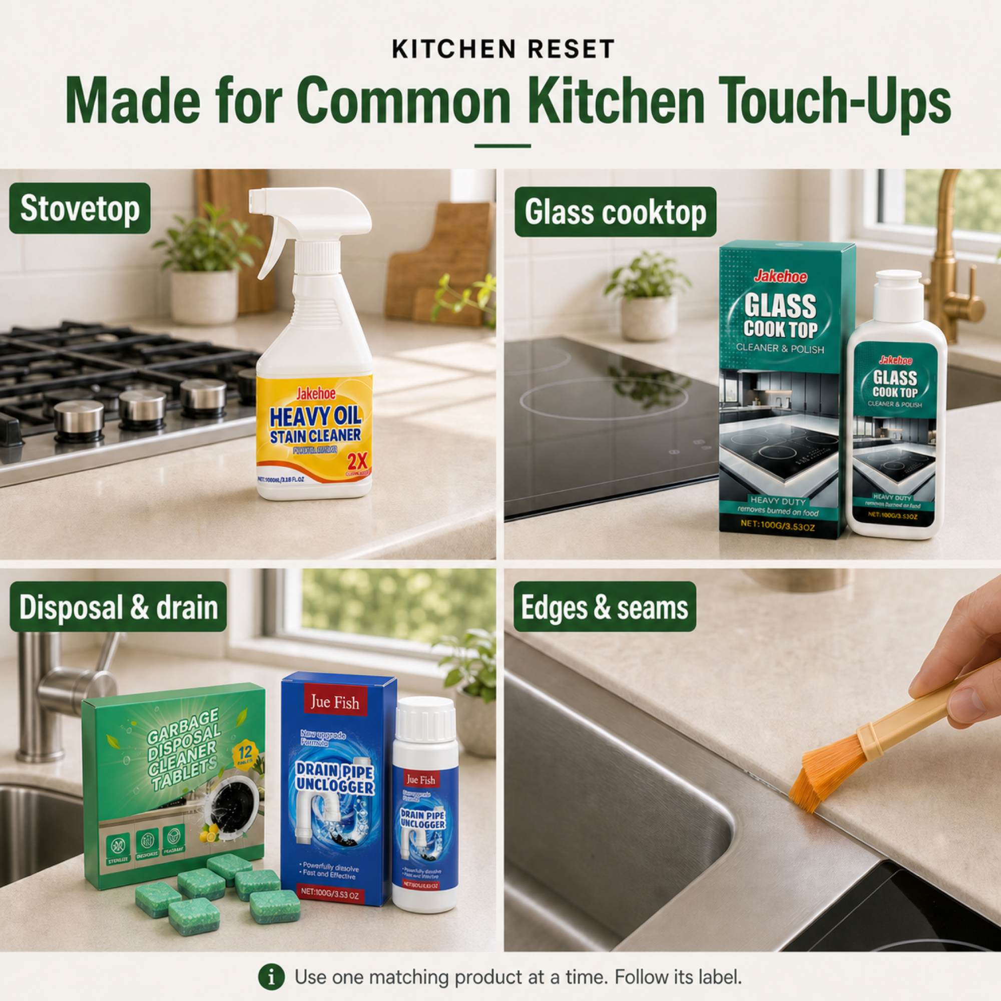 Kitchen product use areas including stovetop glass cooktop disposal drain and detail edges