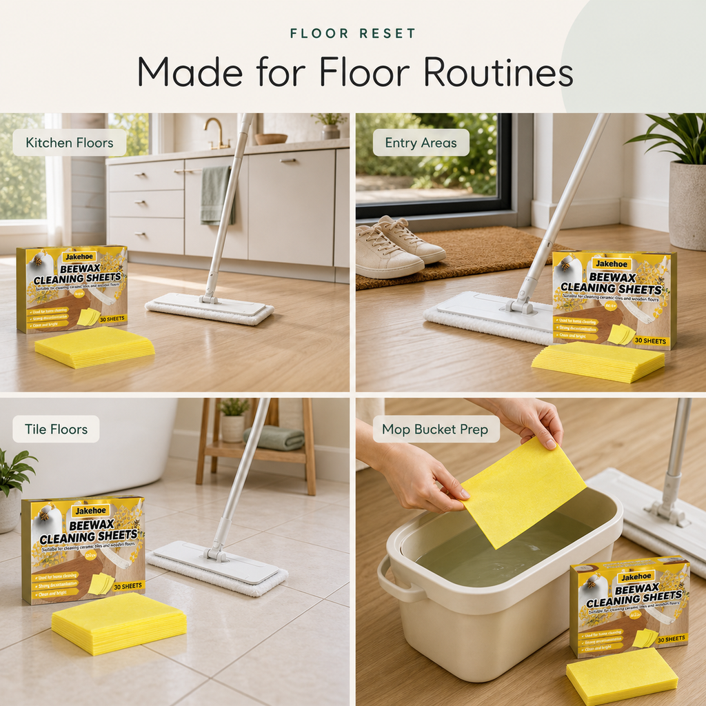 Floor Cleaning Sheets use scenarios for kitchen floors entry areas tile floors and mop bucket prep