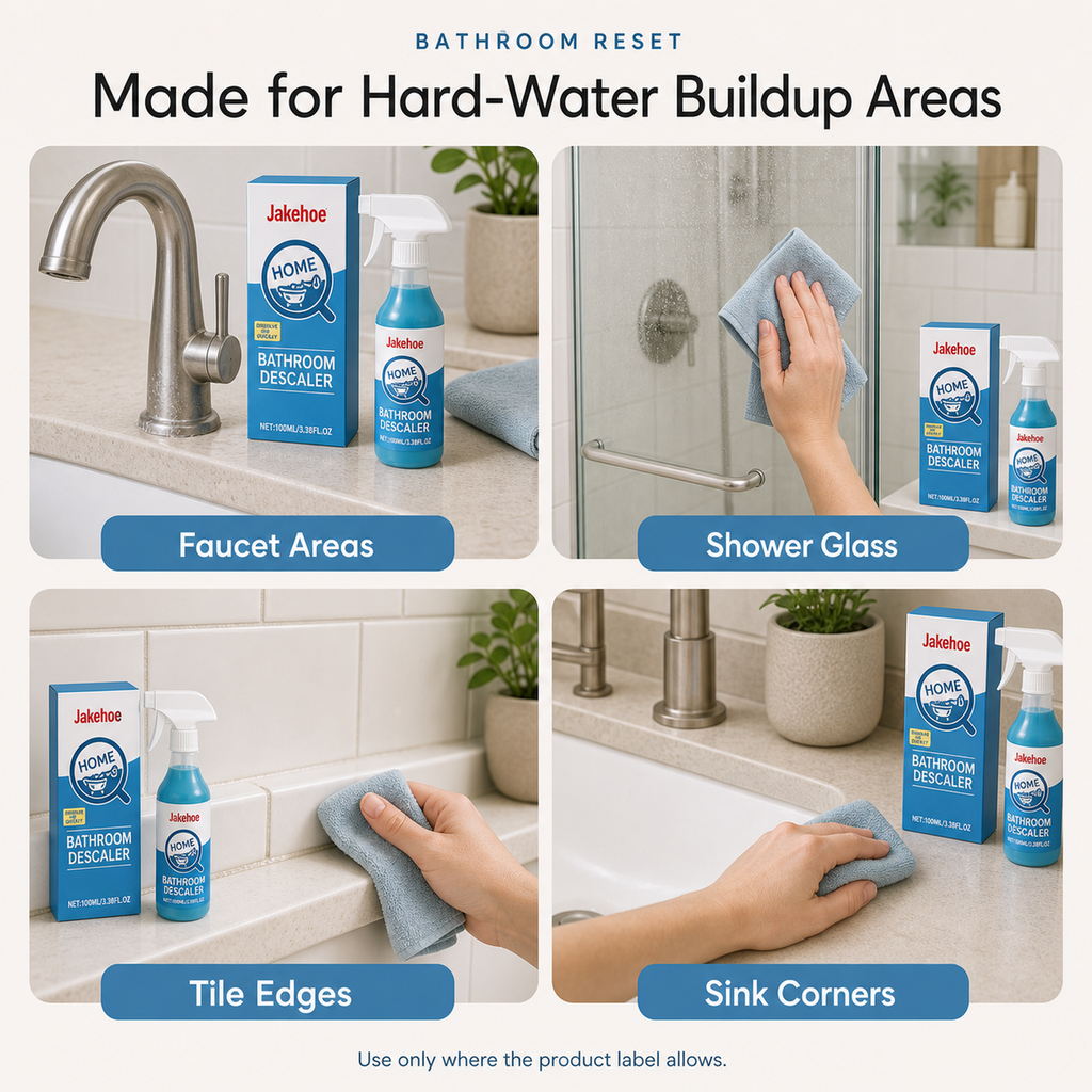 Hard Water Bathroom Descaler use scenarios for faucet areas shower glass tile edges and sink corners