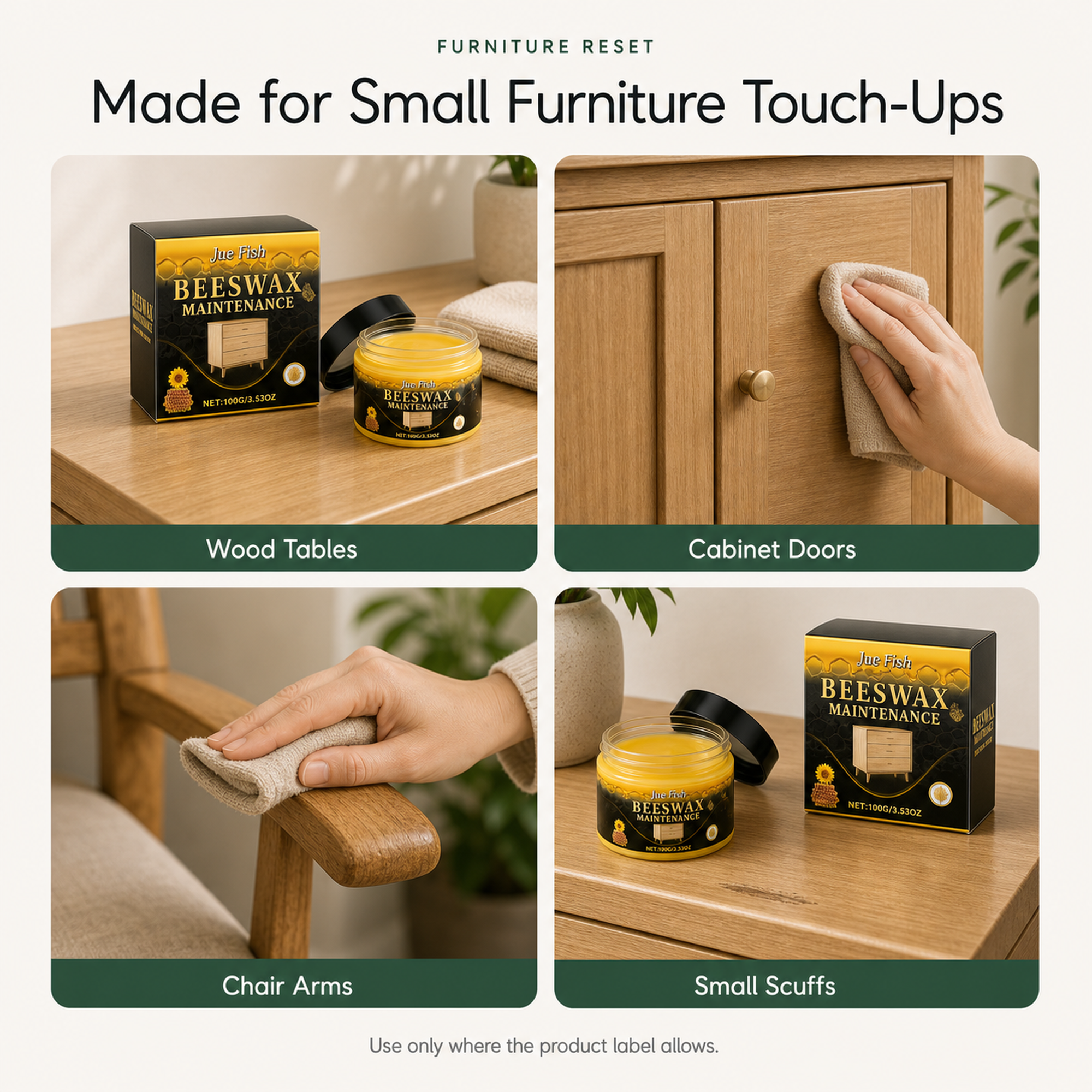 Beeswax Furniture Polish use scenarios for wood tables cabinet doors chair arms and small scuffs