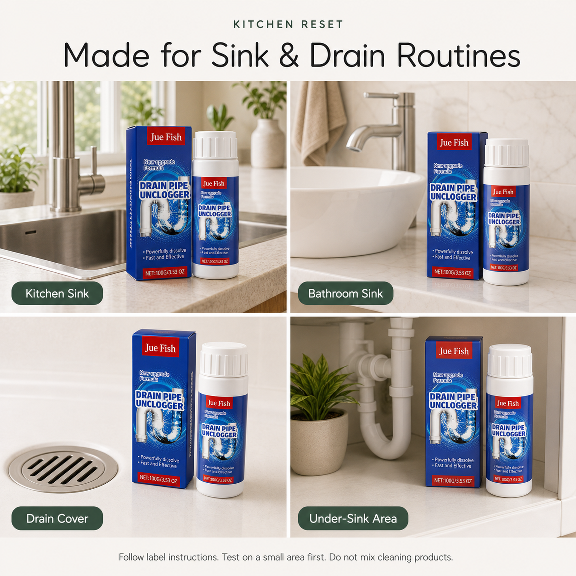 Sink and Drain Cleaning Powder use scenarios for kitchen sink bathroom sink drain cover and under sink area