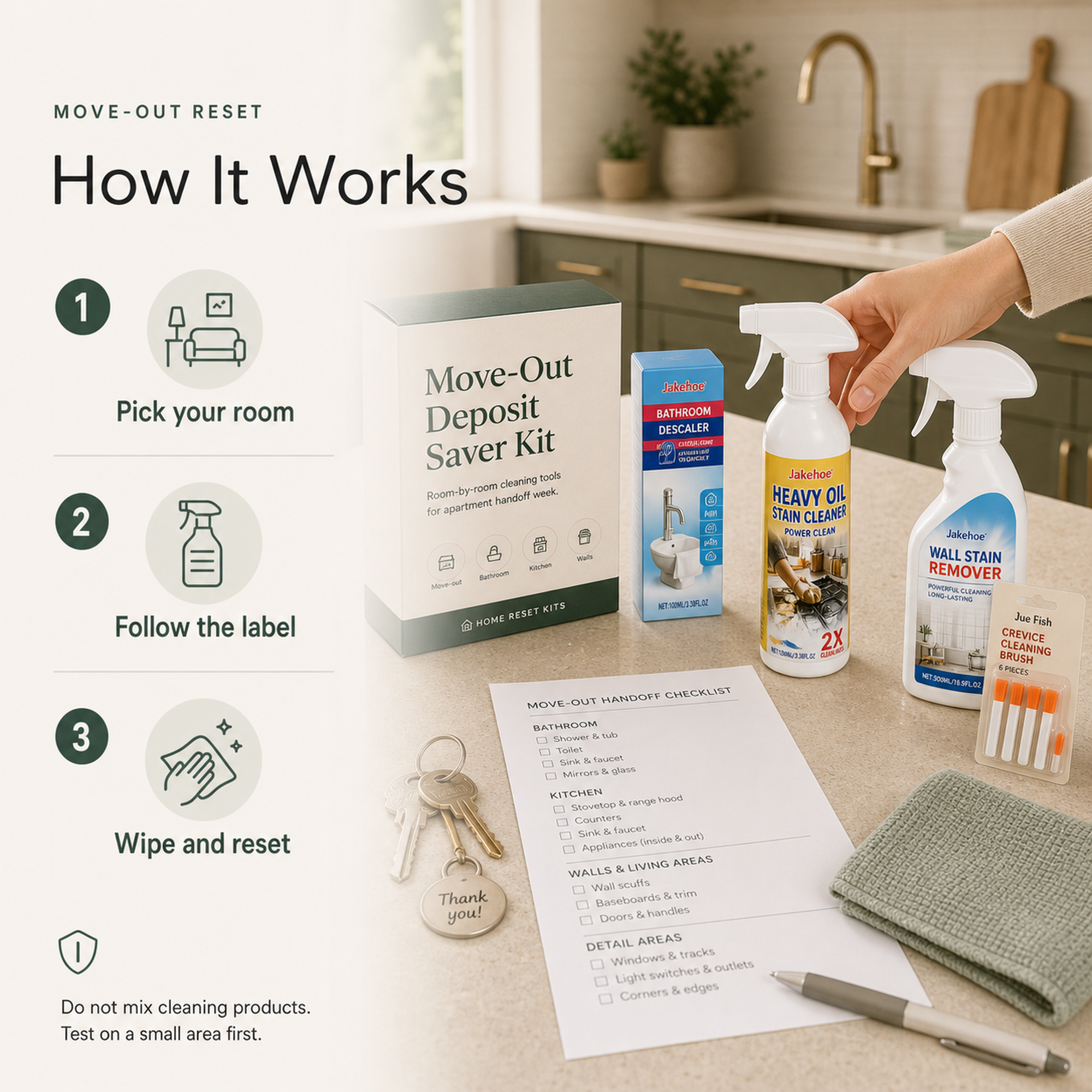 Move-Out Deposit Saver Kit steps pick your room follow the label wipe and reset