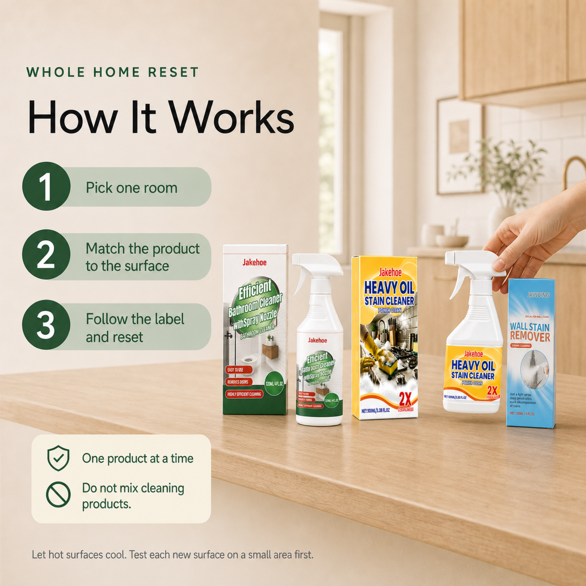 Whole Apartment Reset Bundle steps to pick a room match the product and follow its label