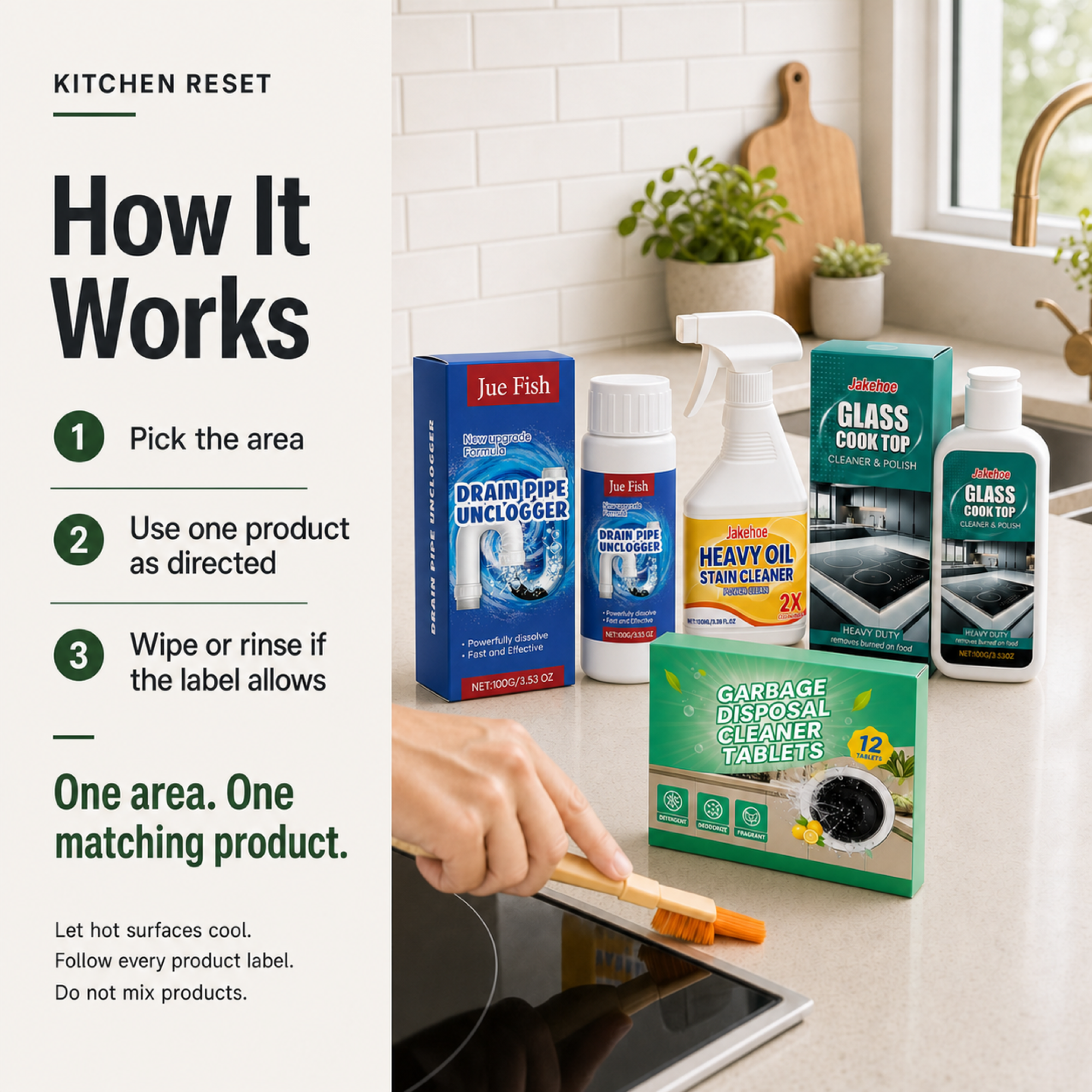 Kitchen Reset Kit steps to pick one area use one matching product and follow its label