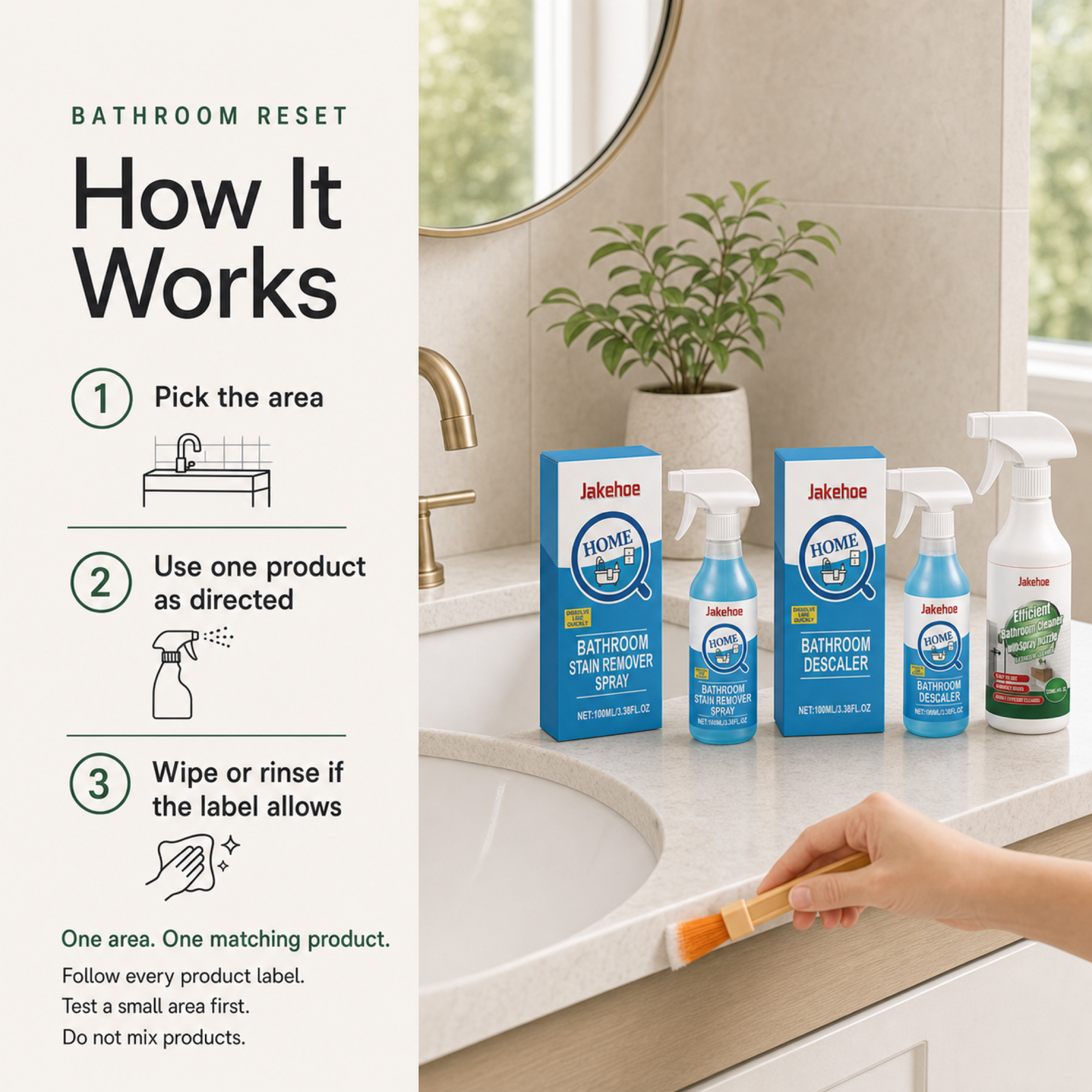 Bathroom Rescue Kit steps to pick an area use one matching product and follow its label