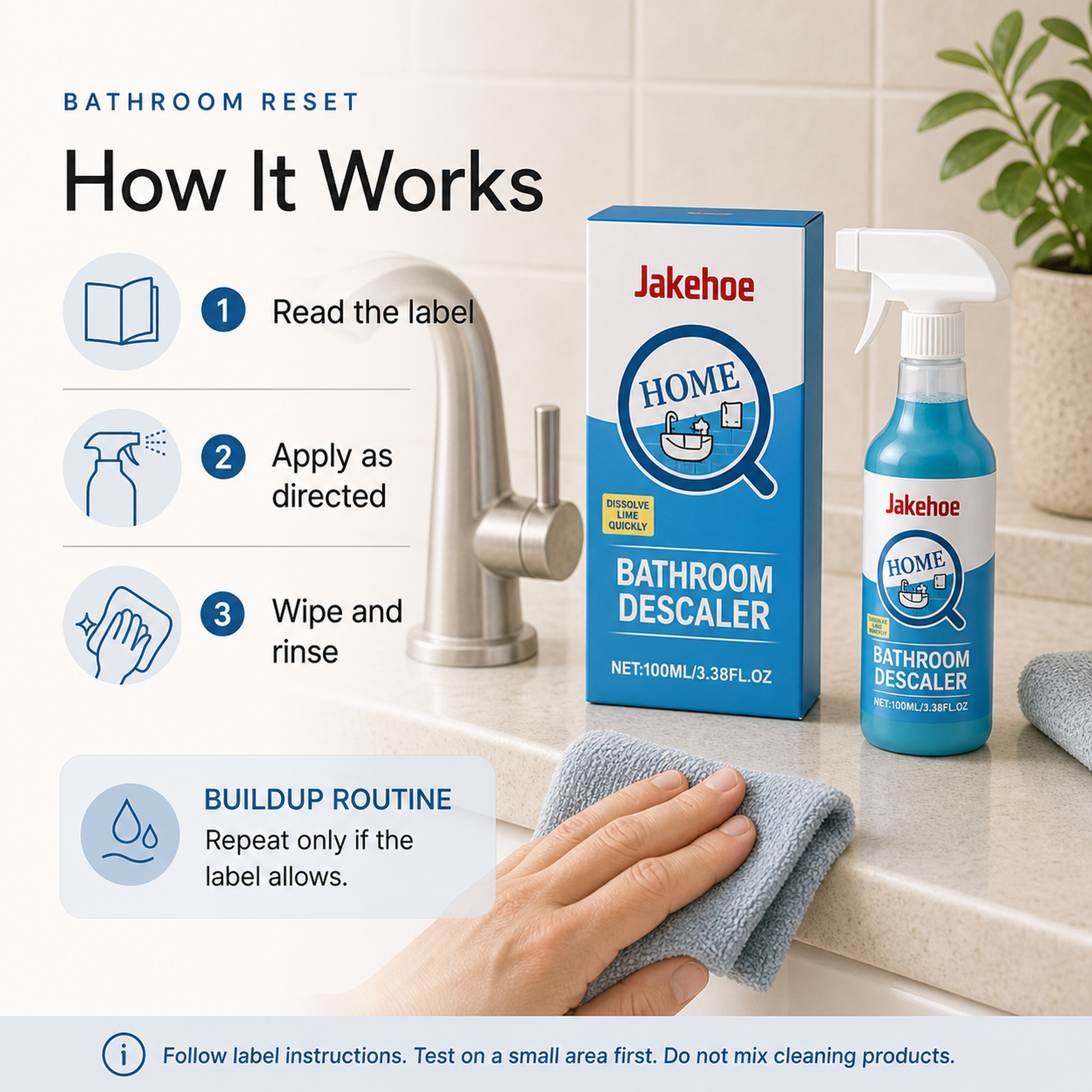Hard Water Bathroom Descaler label directed routine read label apply as directed wipe and rinse