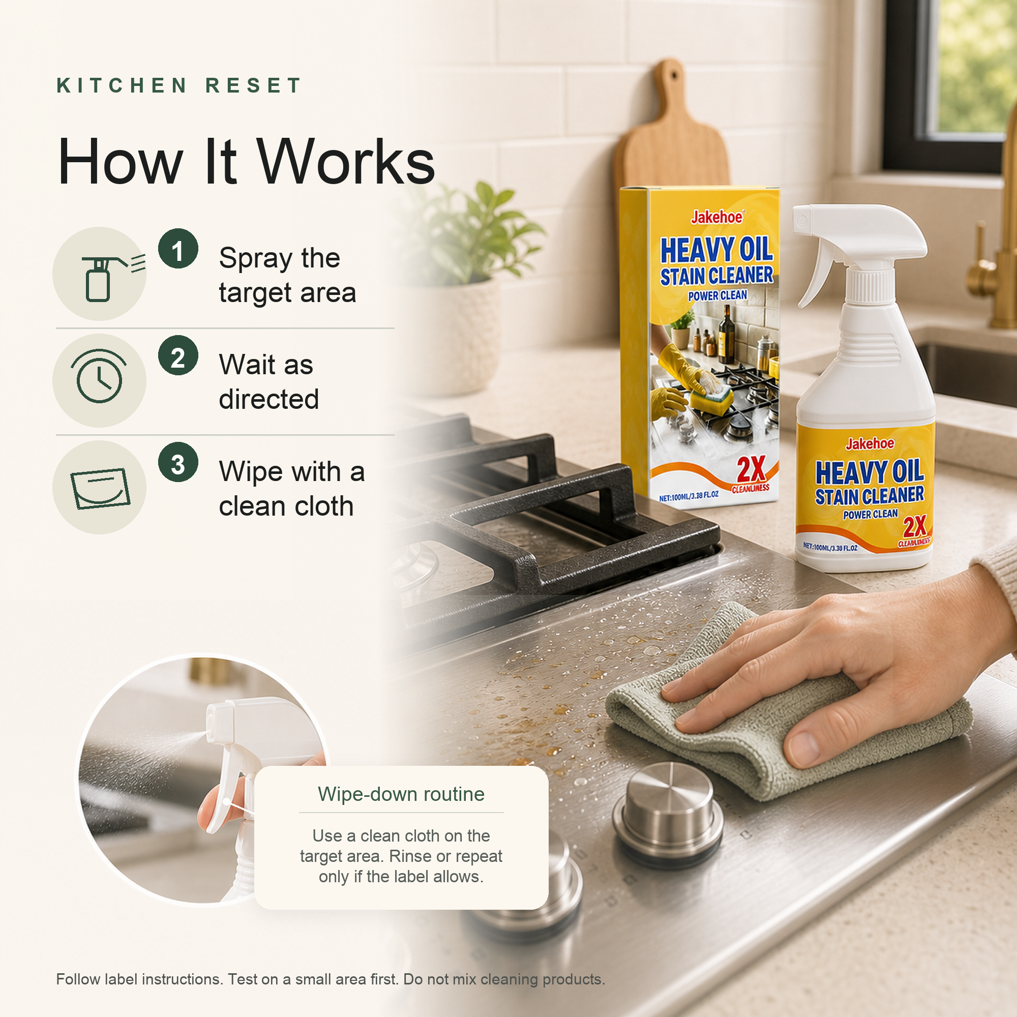 Kitchen Grease Cleaner Spray label-directed spray wait and wipe routine