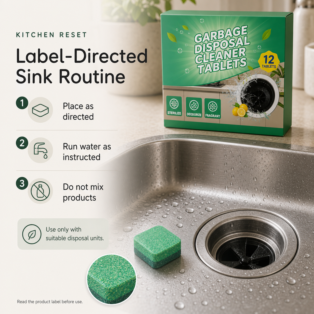 Garbage Disposal Cleaning Blocks label directed place water and do not mix routine